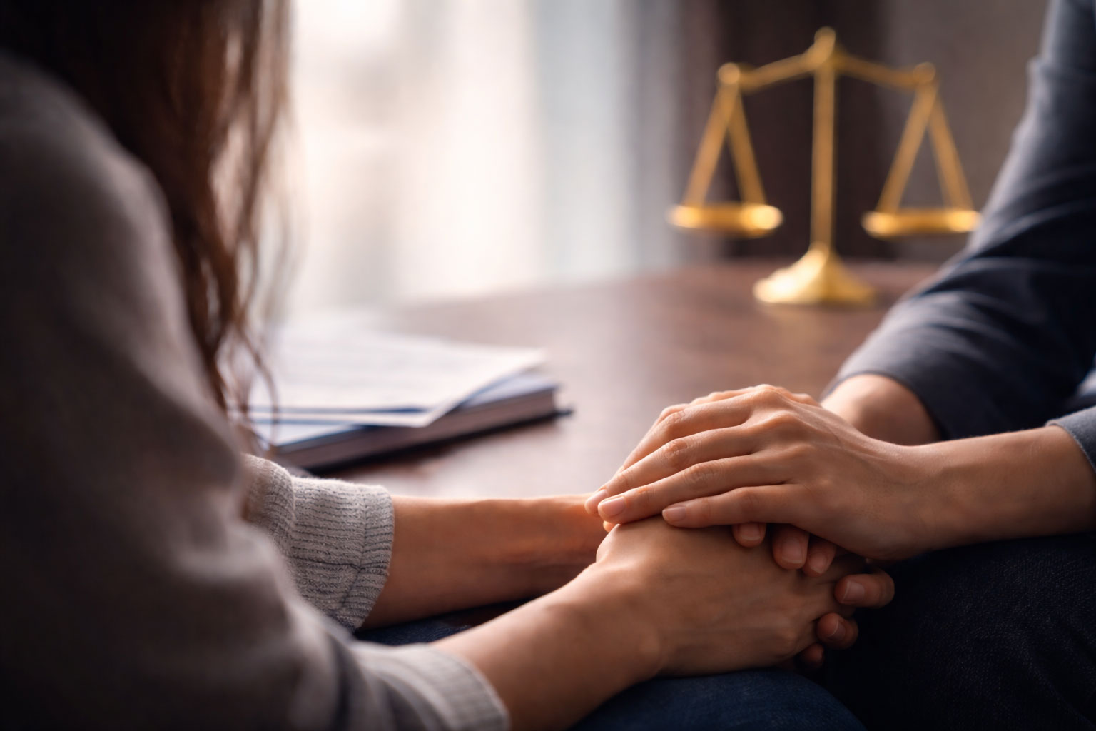 Two people holding hands in a supportive setting, representing compassionate legal advocacy by Stranch, Jennings & Garvey, PLLC.