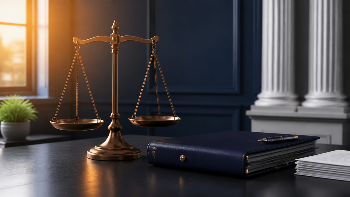 Balance scales and organized legal case materials in a Tennessee law office